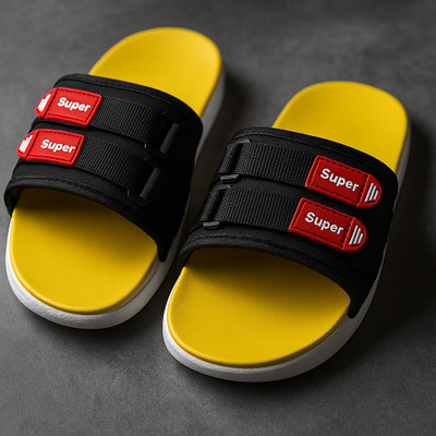 Shoe Island Men Slides(Yellow, Black , 7)