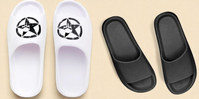 Shoepro Men Slides(Off White, Black , 7)