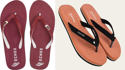 DASHNY Women Flip Flops(Orange, Maroon , 7)