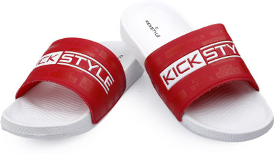 KICKSTYLE Men Slides(White, Red , 8)
