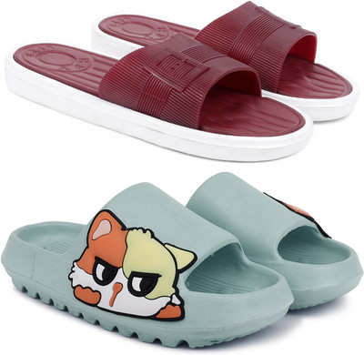 Kapani Fashion Women Women Combo Pack of 2, Anti Skid, Flipflop, Slipper, Sliders (Maroon, Green , 4) Slides(Maroon, Green , 4)