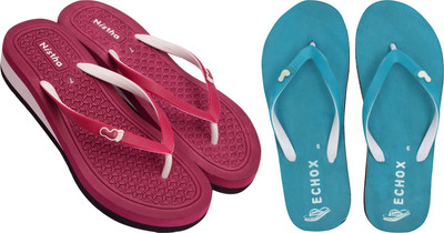 NISTHA Women Flip Flops(Tan, Blue , 4)