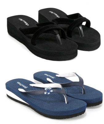 HOC Women Slippers(Black, Blue , 5)