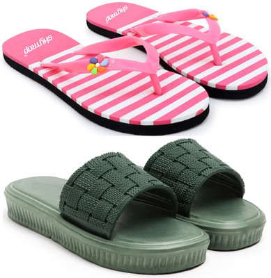 Dewon Women Slippers(Pink, Green , 7)