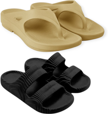 Feel alive Men Slippers(Beige, Black , 9)