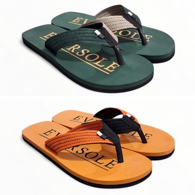 EVERSOLE Men Flip Flops(Green, Orange , 9)