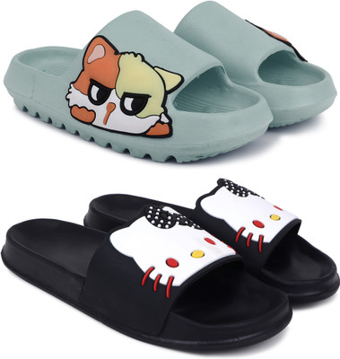 Kapani Fashion Women Women Combo Pack of 2 Lightweight Flipflops, Slipper, Slides (Green, Black , 4) Slides(Green, Black , 4)