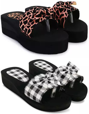 Feens Women Stylish and Comfortable Trending Light Weight Checkered Flipflop Combo of 2 Slides(Multicolor , 8)