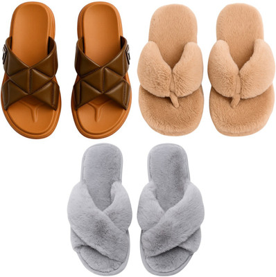 Shivaru trader Women Slippers(Brown, Grey, Beige , 6)
