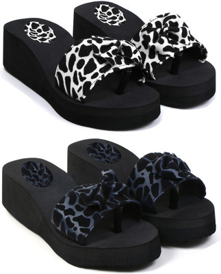 Feens Women Stylish and Comfortable Trending Light Weight Printed Flipflop Combo of 2 Slides(White, Blue , 6)