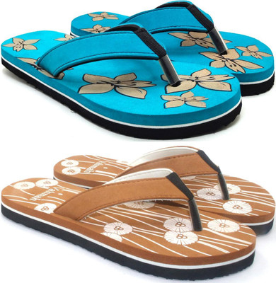 VAHMAH Women Slippers(Blue, Tan , 5)