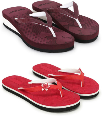 TWO SOFT Women Pack Of 2 Combo Stylish Extra Comfort Lightweight Dailywear Used Flip Flops(Maroon, Red , 6)