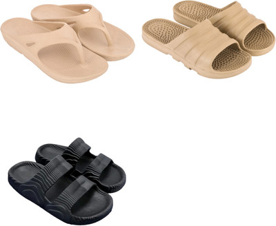 Feel alive Men Slippers(Black, Beige , 9)