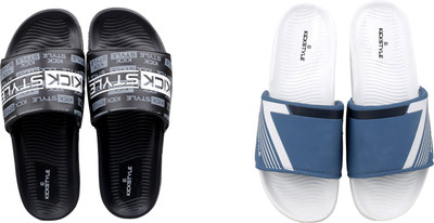 KICKSTYLE Men Slides(Black, White , 9)