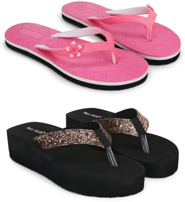 TWO SOFT Women Flip Flops(Pink, Copper , 5)