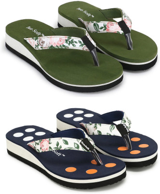 TWO SOFT Women Combo Pack Of 2 Stylish Casual Light & Soft Comfortable Daily Wear Flip Flops(Green, Blue , 6)