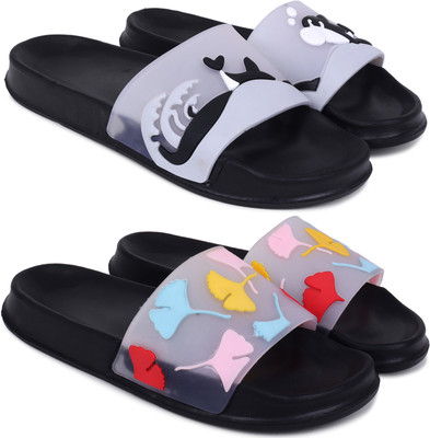 KAPYANSH Women Women Classic Trendy Flipflops, Slipper, Sliders, Chappal Combo Pack of 2 Slides(Black, Black , 7)