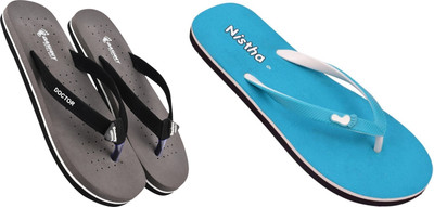 DASHNY Women Flip Flops(Blue, Grey , 9)