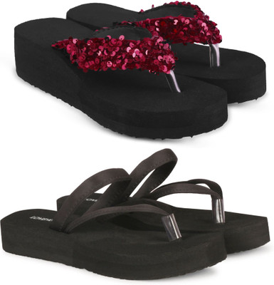 LoveHush Women Flip Flops(Black, Maroon , 5)