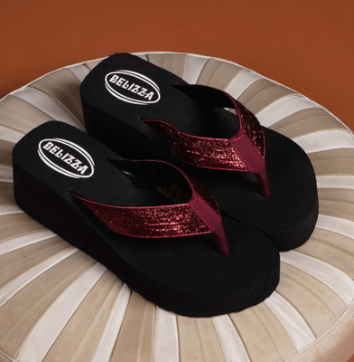 Belizza Women Slippers(Black, Maroon , 5)