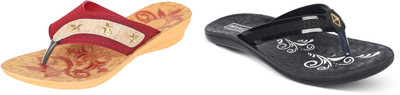 hiyaga Women Flip Flops(Black, Red , 7)