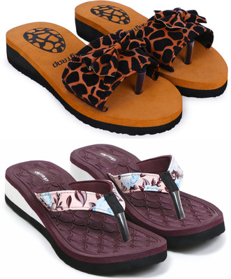 Skytrap Women Stylish Comfortable and Trending Colorful Embossed Flip Flops Combo of 2 Slides(Brown, Maroon , 5)