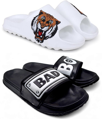 KAPYANSH Men Slides(White, Black , 9)