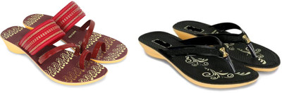 hiyaga Women Flip Flops(Red, Black , 7)