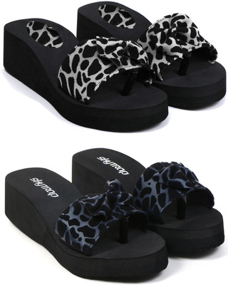 Skytrap Women Stylish Comfortable and Trending Colorful Rubber Flip Flops Slide Combo of 2 Slides(Black, Blue , 5)