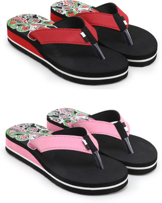 Feens Women Stylish Comfortable Trending Light Weight Printed Super Soft Flipflop Pack of 2 Slippers(Red, Pink , 7)