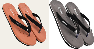 DASHNY Women Flip Flops(Grey, Orange , 7)