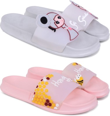 KAPYANSH Women Slides(Grey, Pink , 8)