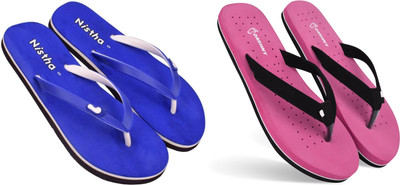 DASHNY Women Flip Flops(Pink, Blue , 7)