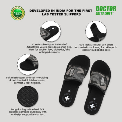DOCTOR EXTRA SOFT Women Ladies Orthopaedic and Diabetic Camo Ortho Care Velcro Adjustable Strap Super Comfort Dr Sliders Flipflops and House Slippers for Women's and Girl’s Slides(Black , 6)