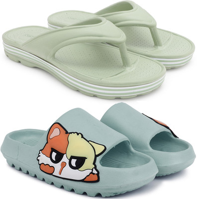 Kapani Fashion Women Women Combo Pack of 2 Lightweight Flipflops, Slipper, Slides (Green, Green , 7) Slides(Green, Green , 7)