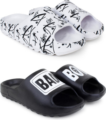 KAPYANSH Men Men Classic, Lightweight, Flipflops, Slipper, Slides, Chappal, Sliders Pack of 2 Slides(White, Black , 6)