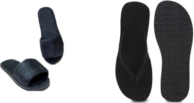 BOOMBEAUTY Women Flip Flops(Black, Blue , 7)