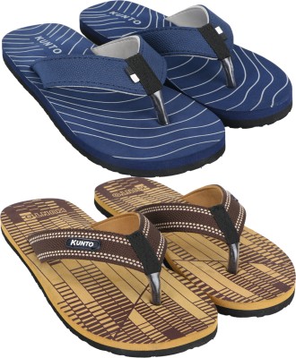 KUNTO Men Flip Flops(Blue, Brown , 6)