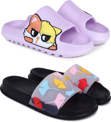 Pampy Angel Women Women Classic Trendy Flipflops, Slipper, Sliders, Chappal Combo Pack of 2 Slides(Purple, Black , 5)