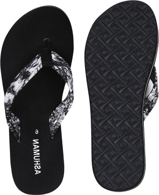 ASHUMAN Women Slippers(Black, White , 6)