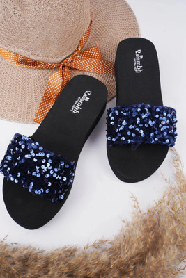 Rasambh Women Comfortable Stylish and Trending Sequined Flip Flops sliders For Women Slides(Navy , 6)