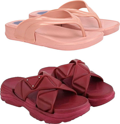WOCMEC Women Slides(Maroon, Pink , 5)