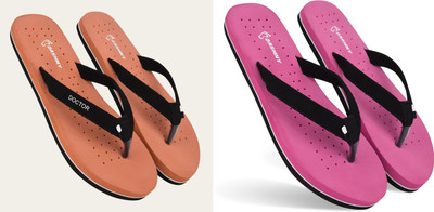 DASHNY Women Flip Flops(Orange, Pink , 7)
