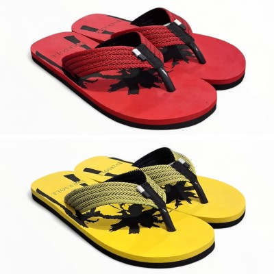 EVERSOLE Men Flip Flops(Red, Yellow , 6)