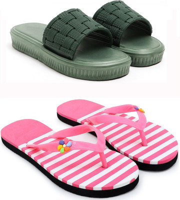 Dewon Women Slides(Green, Pink , 7)