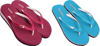 NISTHA Women Flip Flops(Blue, Tan , 8)