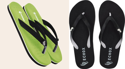 DASHNY Women Flip Flops(Green, Black , 9)
