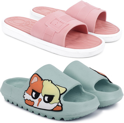 Kapani Fashion Women Women Combo Pack of 2 Lightweight Flipflops, Slipper, Slides (Pink, Green , 8) Slides(Pink, Green , 8)