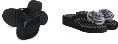 BOOMBEAUTY Women Flip Flops(Black , 5)