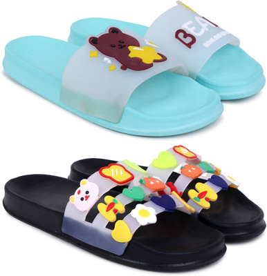 Kapani Fashion Women Women Combo Pack of 2 Lightweight Flipflops, Slipper, Slides (Blue, Black , 5) Slides(Blue, Black , 5)